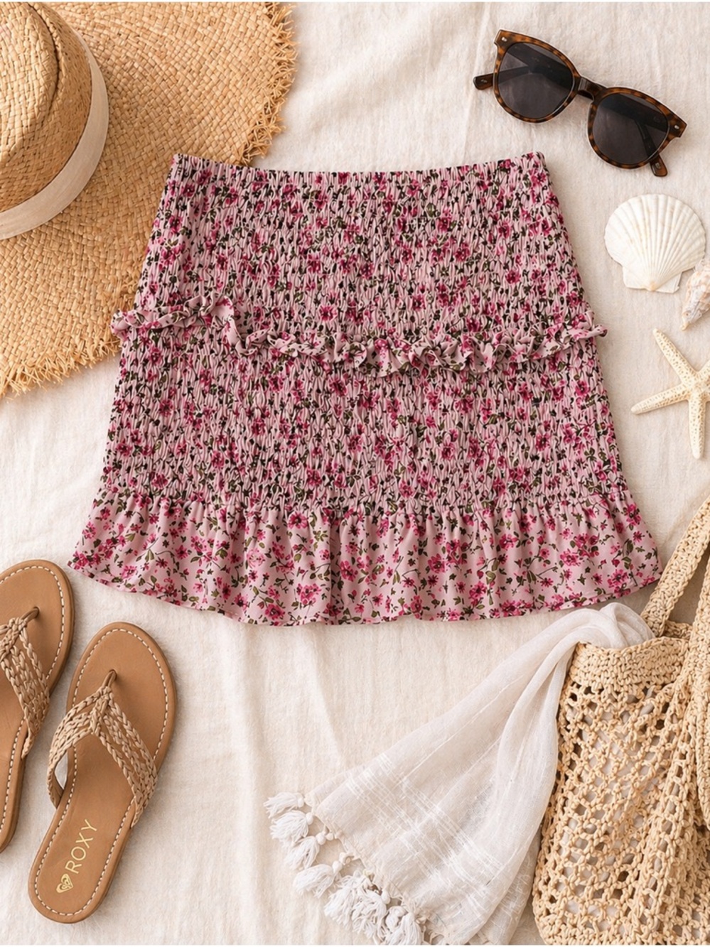 Floral Smocked Mini Skirt Pink Boho Stretch Waist Ruffle Hem Summer